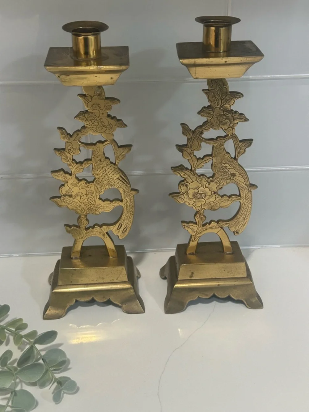 Brass Bird & Floral Candlestick Pair - Gold Decorative Home Accents